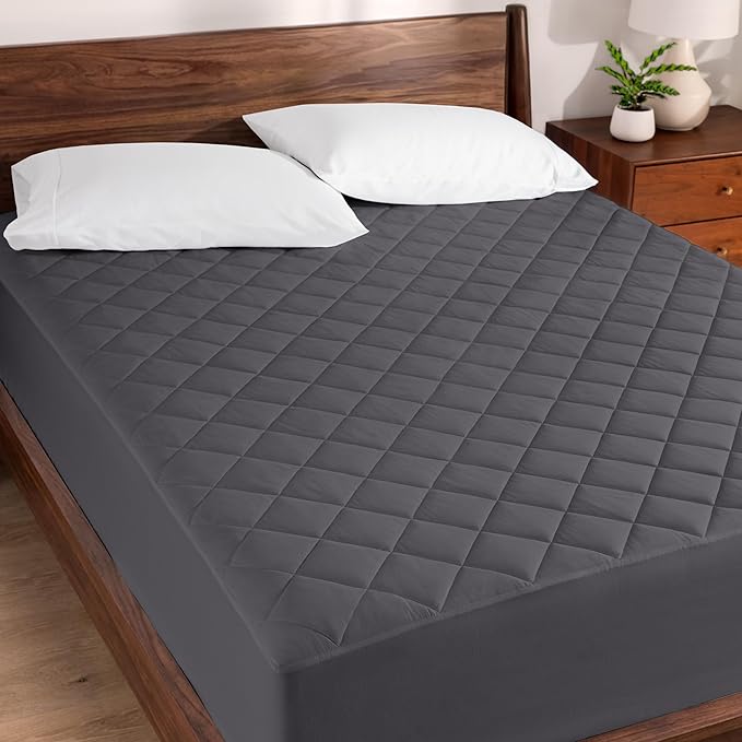 Bare Home Split Head Flex King Quilted Fitted Mattress Pad - Cooling Mattress Cover - Easily Washable - Elastic Fitted Cover for Mattress - Stretch-to-Fit up to 15" Deep (Split Head Flex King, Grey)