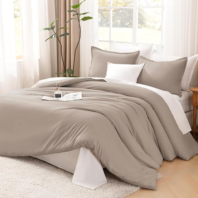 Litanika Light Coffee Comforters Oversized Queen Size, 3 Pieces Lightweight Solid Bedding Comforter Set, All Season Fluffy Bed Set (98x98In Comforter & 2 Pillowcases)