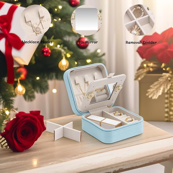 Vlando Small Travel Jewelry Box Organizer - Mirrored Jewelries Necklaces Rings Earrings Necklace Storage Case, Baby Blue - Image 3