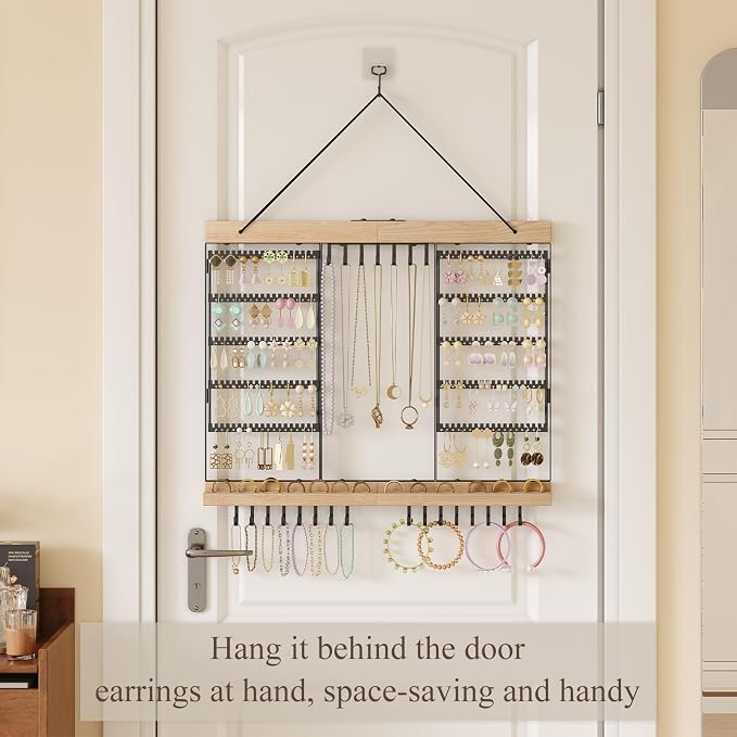 Feyejade Large Rotating Hanging Jewelry Organizer, 5-Tier Earring Holder Storage Holds up to 180 Pairs, Wall Mounted Jewelry Rack for Earrings, Necklaces, Bracelets and Rings, for Girls, Black - Image 6