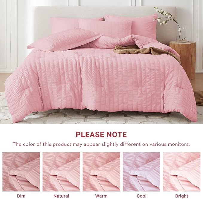 MUXHOMO 7 Pieces King Comforter Set, Seersucker Bed in a Bag King Size, All Season Luxury Bedding Set with Comforter, Flat Sheet, Fitted Sheet, Pillowcases & Shams, Pink