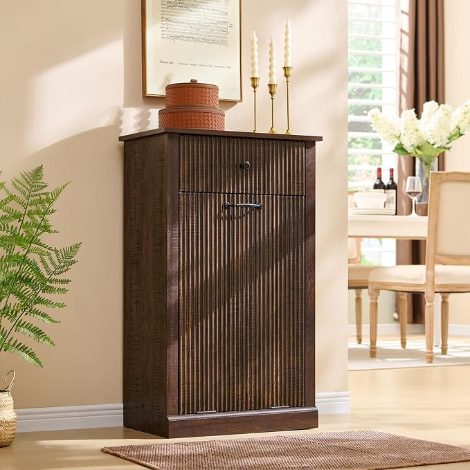 IFBUY Modern Tilt Out Laundry Hamper Cabinet, 10 Gallon Fluted Trash Can Cabinet with Drawer, Wooden Hidden Garbage Can Cabinets with Laundry Basket, Free Standing for Bathroom and Kitchen, Brown - Image 6