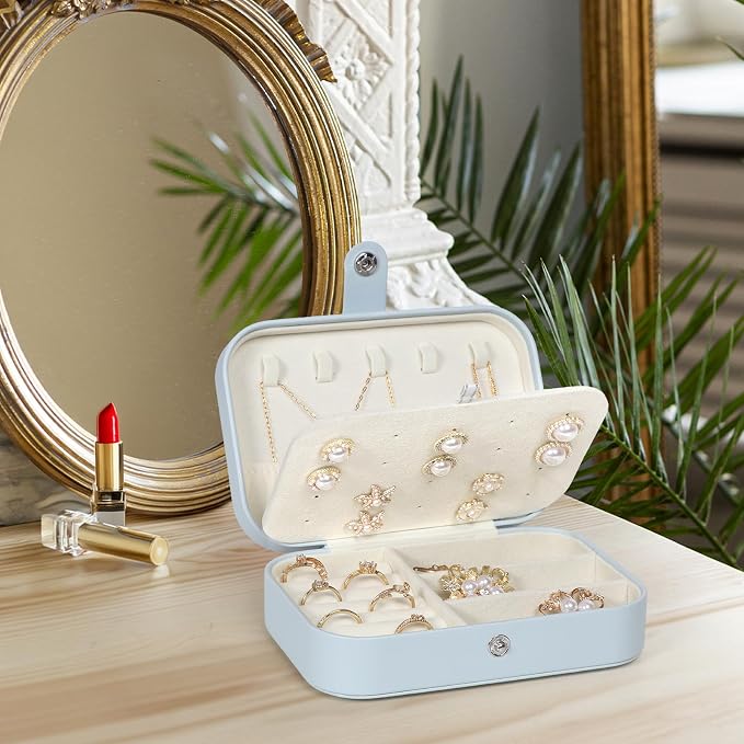 Hatori Travel Jewelry Box, PU Leather Small Jewelry Organizer for Women Girls, Double Layer Portable Mini Travel Case Display Storage Holder Boxes for Stud Earrings, Rings (Light Blue) - Image 2