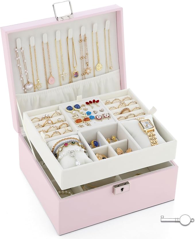 Jewelry Organizer Boxes for Women,Travel Jewelry Case, 2 Layers Removable Jewelry Box,Storage for Necklace, Bracelet, Earring,Rings,Jewelry Box Gifts for Women Girls by IBURTEN