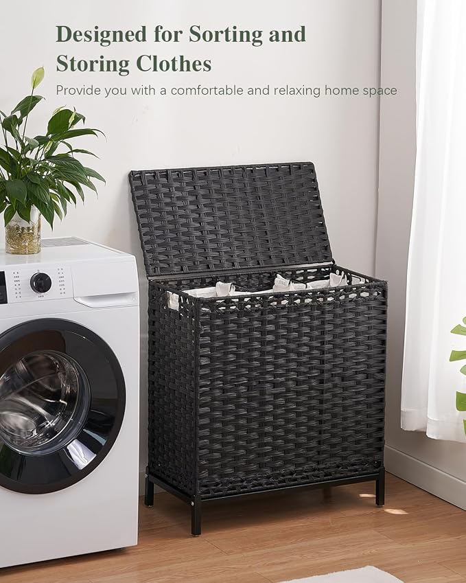 SETVSON Laundry Hamper with Lid 132 L, (35 Gallons) Clothes Hamper with Lid, Handwoven Rattan Laundry Hamper with Metal Heightened Feet, Laundry Hampers with 3 Removable Liner Bags for Laundry-Black - Image 6