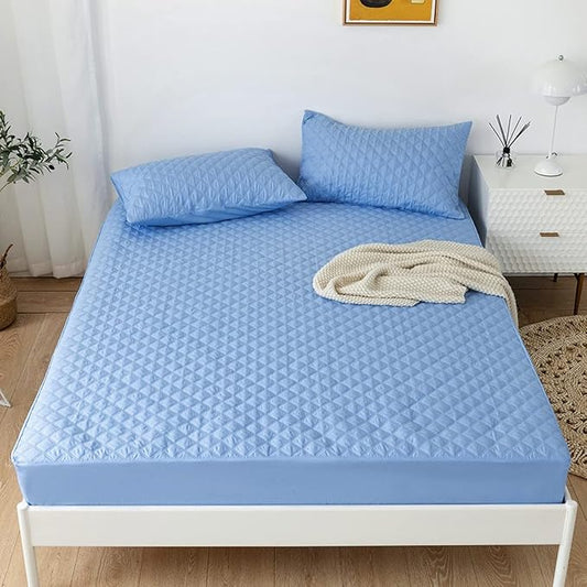 jejeloiu Blue Quilted Mattress Pad, 100% Waterproof Breathable King Bedding Fitted Sheet Mattress Protector 14" Deep Pocket Cotton Snow Down Alternative Filling Mattress Cover (King,Blue)