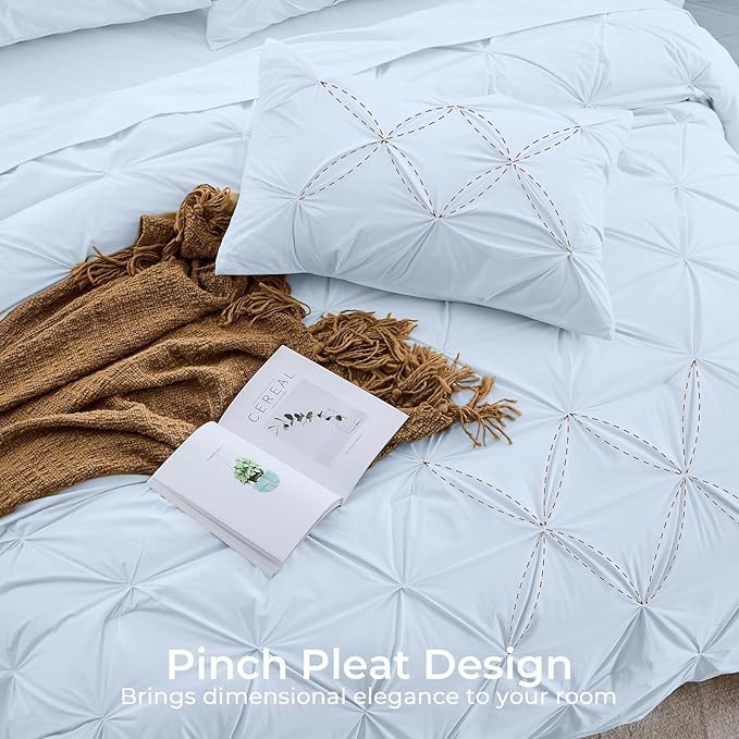 Sasttie King Size Comforter Set, 7-Piece Bed in a Bag, Pintuck Bedding Sets for All Season, Includes Comforter, Flat Sheet, Fitted Sheet, Pillowcases and Pillowshams, Light Blue