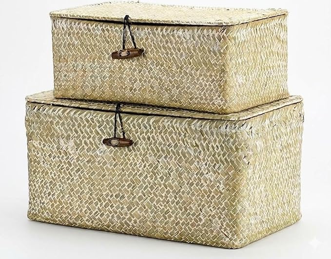 Nonam Storage Basket with Lid, Natural Seagrass Bin with Lid Set of 2, Shelf Baskets Multipurpose Container for Boho Decoration, Rectangular Household Storage Boxes for Home Organization-White by Unknown