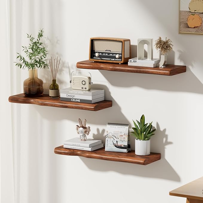 Solid Wood Live Edge Floating Shelves Set of 2 – 24" Rustic Wall Shelf with Hidden Bracket System, Wall Mounted Shelves for Bathroom, Kitchen, Living Room, Bedroom (Glazed Walnut) - Image 2