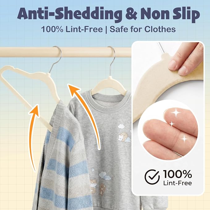 HOUSE DAY 14 Inch Kids Velvet Hangers 50 Pack, Durable Big Kid Hangers for Youth, Non Slip Kids Felt Hanger, Cute Childrens Hanger for Closet, Beige - Image 4