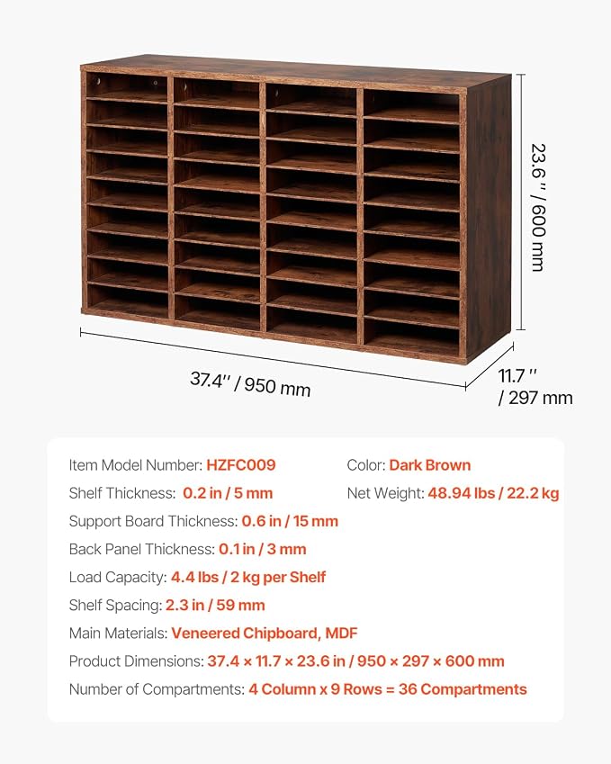 VEVOR Literature Organizer, 36 Compartments Office Mailbox with Removable Shelves, Wood Mailbox Sorter Particle Board Office Home Classroom Storage, File Sorter for File, Document, Paper, Dark Brown - Image 3