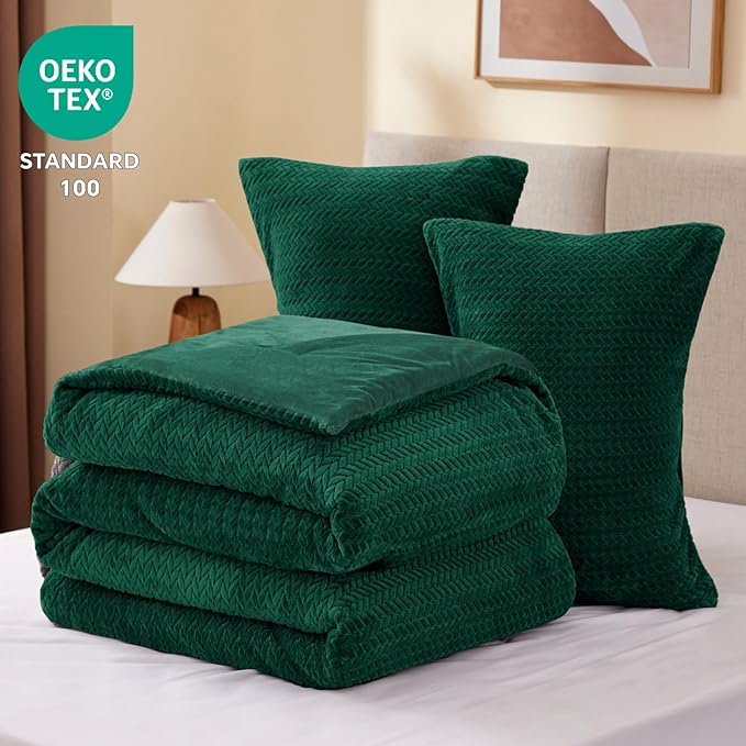 Flannel Fleece Twin Comforter Set - Furry Green Leaves Pattern Faux Fur Bed Set, Winter Ultra Soft Fuzzy Comfort Set, Velvet Bedding Set for Bed with 1 Pillow case