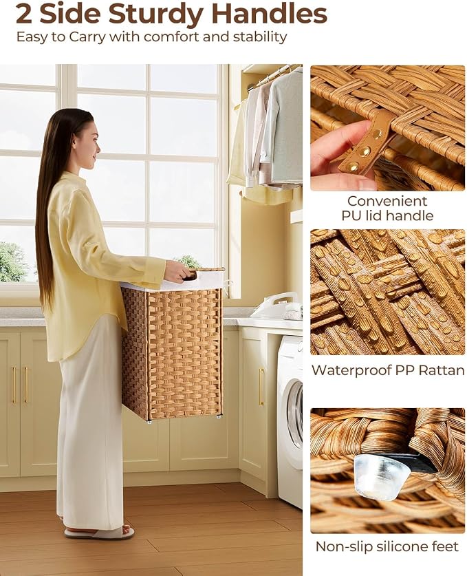 Greenstell Laundry Hamper with lid, No Install Needed, 110L Wicker Laundry Baskets Foldable 2 Removable Liner Bags, 2 Section Clothes Hamper Handwoven Rattan Laundry Basket with Handles, Natural - Image 3