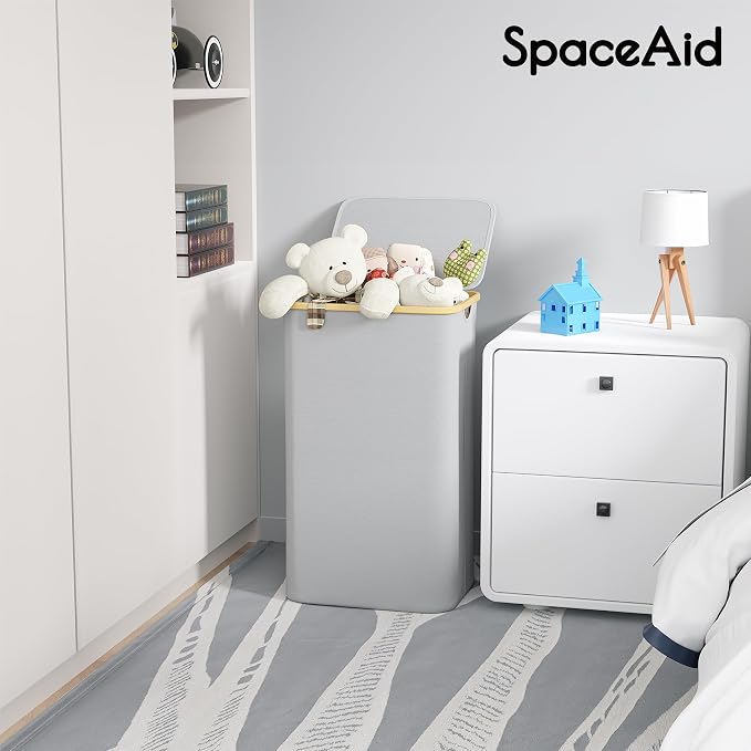 SpaceAid Laundry Hamper with Lid, 110L Large Tall Clothes Basket Bin with Bamboo Handles, Collapsible Laundry Hamper for Bedroom, Bathroom, Dorm, Laundry Room - Light Grey - Image 3