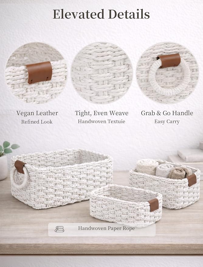 Storage Basket, Recycled Paper Rope Bathroom Basket Organizer, 3Pcs Small Baskets for Organizing, Mini wicker Basket for Decorative Storage Bins, Shelves, Bathroom, Cabinet - White - Image 4