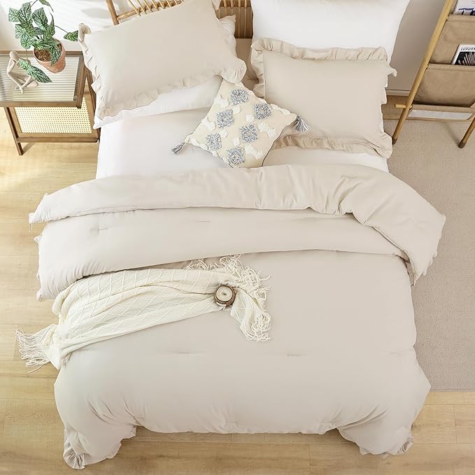 JANZAA Twin Comforter Set Beige Ruffle Comforter with 1 Pillowcase Soft Twin Size Bed Set Vintage Farmhouse Bed Comforter Set Fluffy Shabby Chic Bedding for All Season