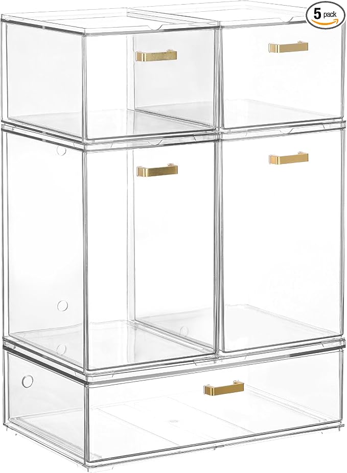 LALOBLUE Set of 5 Stackable Storage Drawers, Clear Acrylic Organizer Bins for Beauty Supplies, Perfect for Makeup Vanity, Undersink, Kitchen, Cabinet,Pantry Organization and Storage by Laloblue