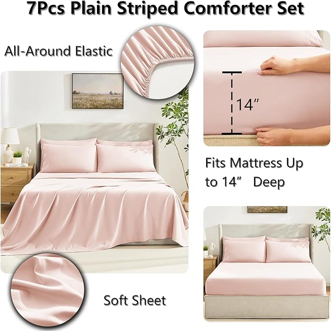 CozyLux Oversized Queen Comforter Sets Blush Pink, 7 Pieces Bed in a Bag, Ultra-Soft All Season Bedding Sets with Stitch Quilted Comforter, Flat Sheet, Fitted Sheet, Pillowcases