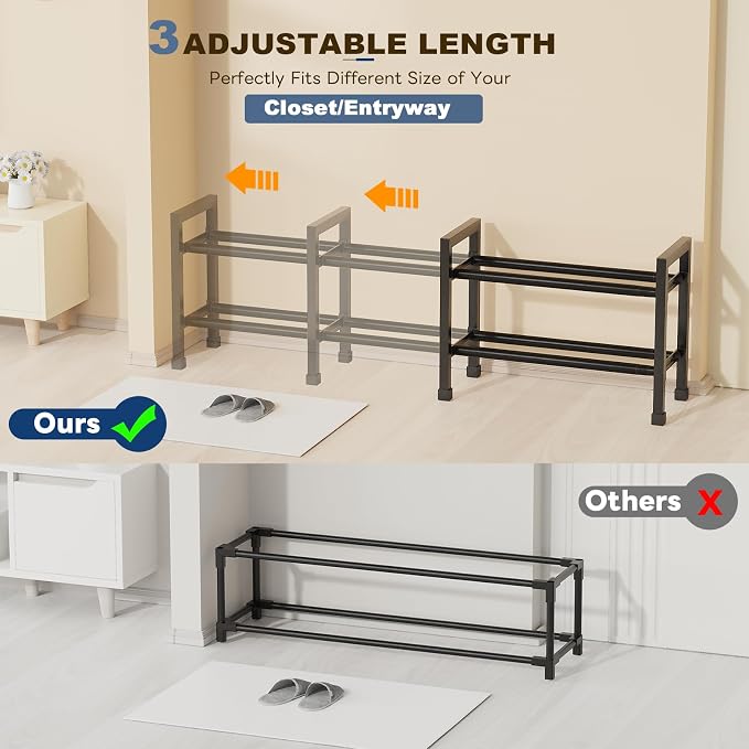 Mavivegue Expandable Shoe Rack, 2-Tier 19"-43.3" Adjustable Shoe Rack for Closet,Hall Entryway,Front Door,Garage, Sturdy Steel Space-Saving Rack, Black​ - Image 4