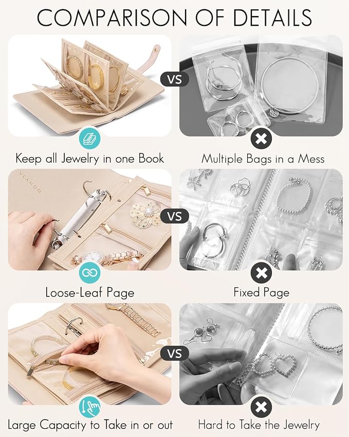 VLANDO Travel Jewelry Organizer Case,Jewelry Storage Book Ring Binder with Clear Zipper Velvet Pouch Bag for Travel Essentials,Rings,Necklace,Earrings,Bracelets,Brooches,Gifts for Women-Sand Pink - Image 5