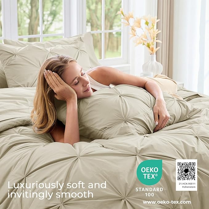 Sasttie Queen Comforter Set, 7-Piece Bed in a Bag, Pintuck Bedding Sets for All Season, Includes Comforter, Flat Sheet, Fitted Sheet, Pillowcases and Pillowshams, Linen