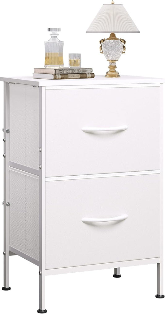 WLIVE White Night Stand, Small Dresser with 2 Drawers & Wooden Top, Nightstand with Fabric Bins, Bedside Table End Table for Bedroom, Closet, Entryway, College Dorm, White