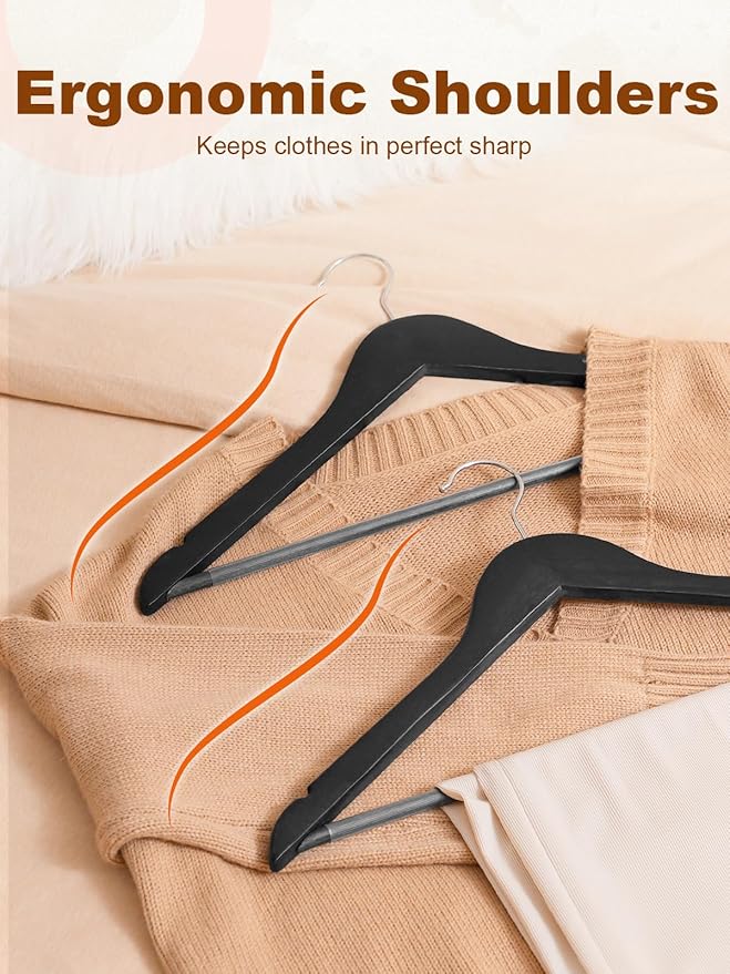 HOUSE DAY Black Wooden Hangers 20 Pack, Solid Wood Hanger with Non Slip Pant Bar, Heavy Duty Wooden Coat Hanger for Closet, Smooth Finish Wood Clothes Hangers for Shirts, Suits, Jackets, Dress - Image 6