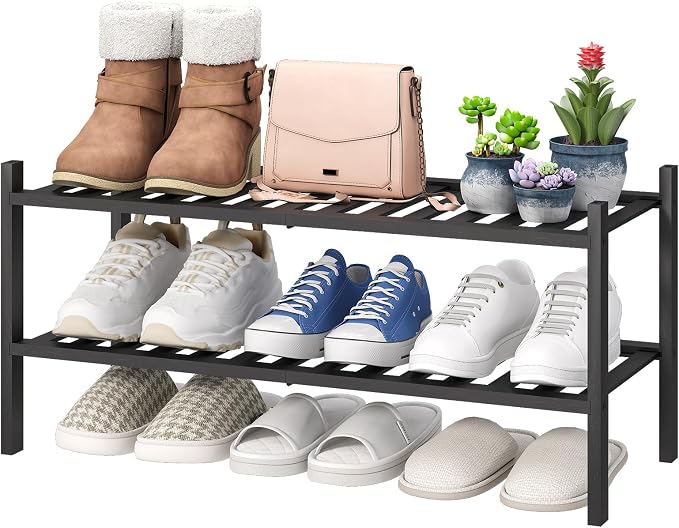viewcare 2-Tier Black Bamboo Shoe Rack for Entryway, Stackable | Foldable | Natural, Shoe Shelf Storage Organizer for Hallway Closet, Free Standing Shoe Racks for Indoor Outdoor by VIEWCARE