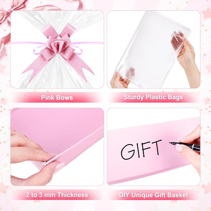 AFOROEOA 10PACK Pink Baskets For Gifts Empty, 10x12” Thick Gift Basket with 10 Bows 10 Bags Empty Gift Baskets for Christmas, Valentine’s Day, Easter, Birthdays, Valentine’s Day Wrapping Gift - Image 6
