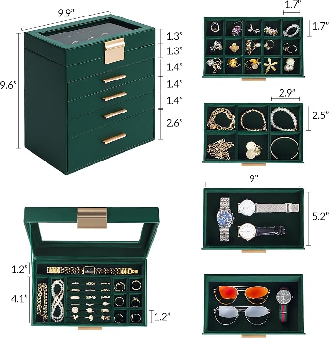 Somduy Jewelry Box, 5 Layers Jewelry Storage Display Box with Glass Lid for Women, 4 Drawers,Large Capacity for Necklace Earrings Bracelets Rings, Green - Image 5