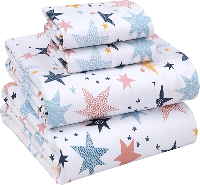 RUVANTI 100% Cotton Sheets – Queen Size Percale Bedding, Cooling & Breathable Floral Design, Durable with a Crisp, Soft & Comfortable Feel, 16" Deep Pocket, 4-Piece Set, Fault Star