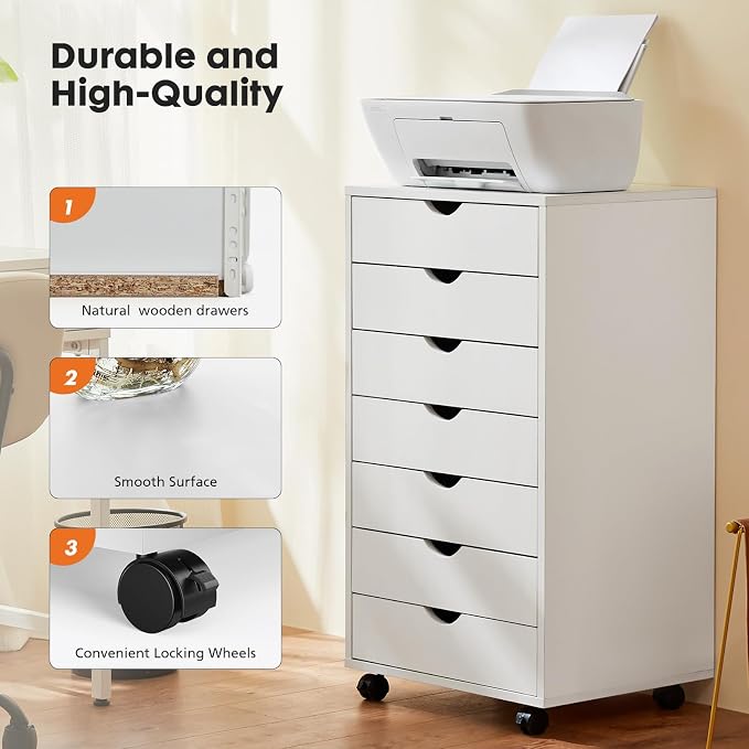 7 Drawer Mobile File Cabinet Under Desk Storage Organization with Wheels Vertical Filing Chest Rolling Wood Small Desk Printer Stand for Home Office, White - Image 6