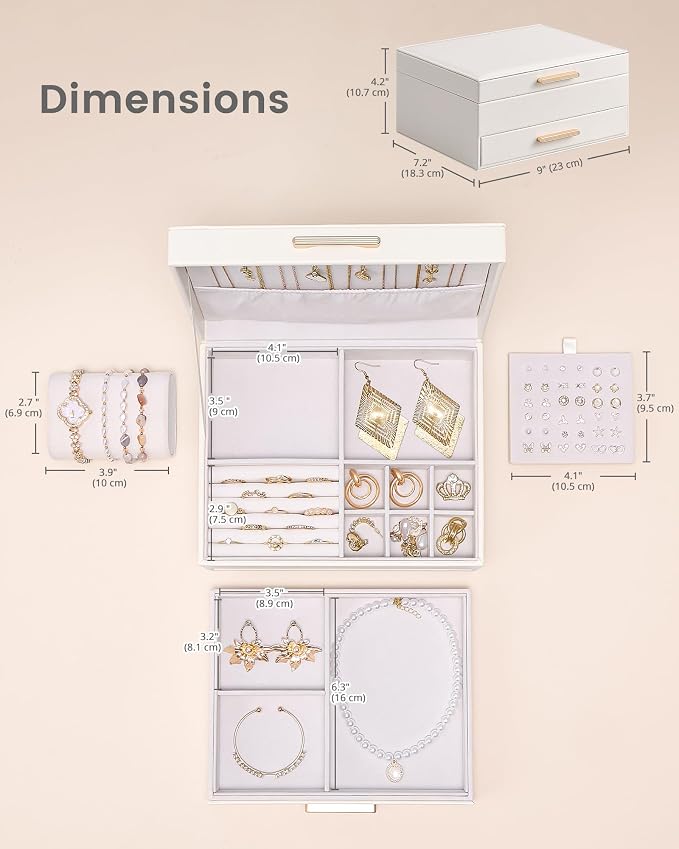 Lolalet 2-Layer Jewelry Box Organizer for Women Girls, Jewelry Storage Case Holder with Drawers for Necklaces Ring Earrings Bracelet Watch, Gifts Choice for Mom Mother’s Day -Beige - Image 6