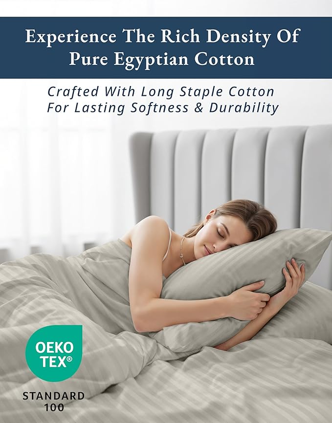 LANE LINEN Striped Sheets Set - 100% Egyptian Cotton 4 Piece Bed for King Size Hotel Bedding & Pillowcases 16" Deep Pocket (Fits Upto 17" Mattress) Silver