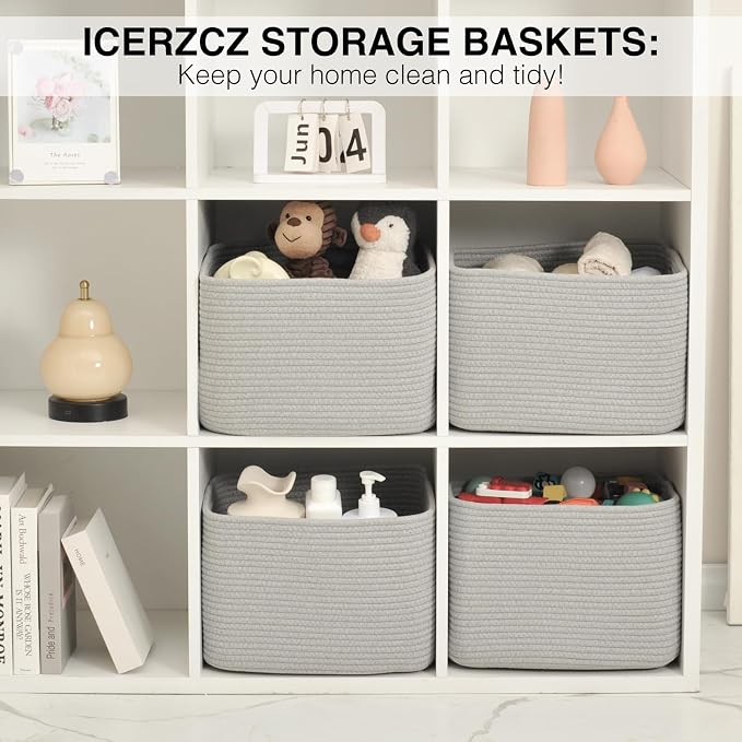 ICERZCZ Storage Baskets for Organizing & Shelves, Woven Cotton Rope Organization Bins for Dog Toys, Clothes, Books, Nursery Organizer, 15" Lx11 Wx9.5 H, (4 Packs) Grey - Image 6