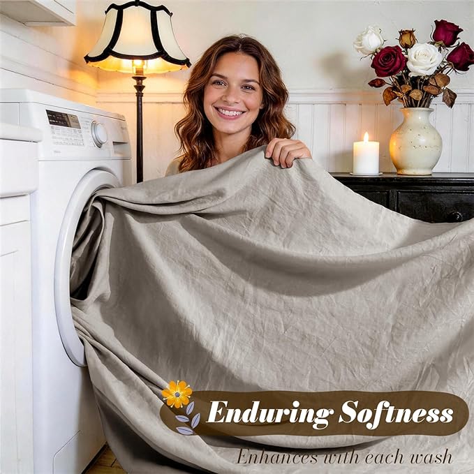 SONORO KATE 100% French Pure Linen Sheets, Breathable and Durable Queen Size Sheets, 16 Inch Deep Pocket - 4 Piece (Mauve Brown)