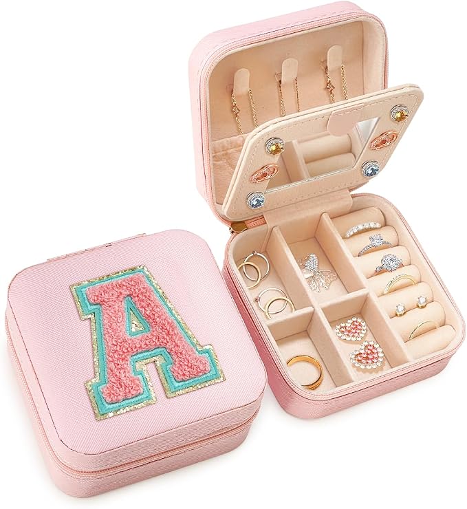SANDJEST Personalized Jewelry Box, Pink Travel Jewelry Box with Initial A, Small Monogrammed Jewelry Case Organizer for Girls Women Teen Kids, Mini Travel Essentials Gifts for Birthday Christmas - Image 4
