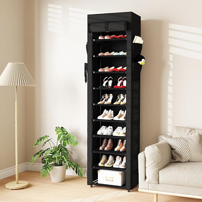 Mavivegue Shoe Rack with Cover, 10 Tier Tall Shoe Organizer for 18-22 Pairs of Shoes, Shoe Organizer with 4 Side Pockets, Shoe Cabinet for Entryway, Closet - Image 2