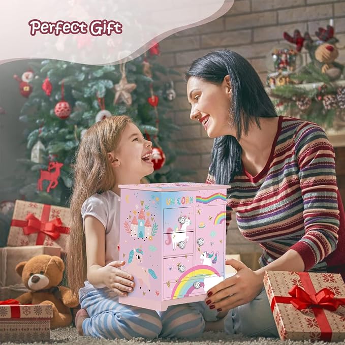 Large Jewelry Box for Girls 5-Layer Music Box with Spinning Ballerina Unicorn Necklace & Bracelet Set Kids Jewelry Organizer Birthday Christmas Gift for 5-8 Year Old Girls(Pink&Blue) - Image 6