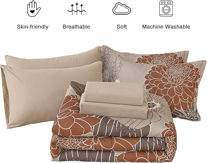 Yiran Floral Comforter Set King Size,7 Pieces Bed in a Bag Taupe Brown Comforter Soft Microfiber Bedding Sets 104"×90"