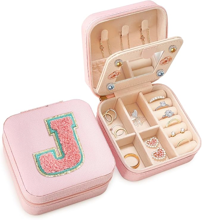 SANDJEST Personalized Jewelry Box, Pink Travel Jewelry Box with Initial J, Small Monogrammed Jewelry Case Organizer for Girls Women Teen Kids, Mini Travel Essentials Gifts for Birthday Christmas by SANDJEST