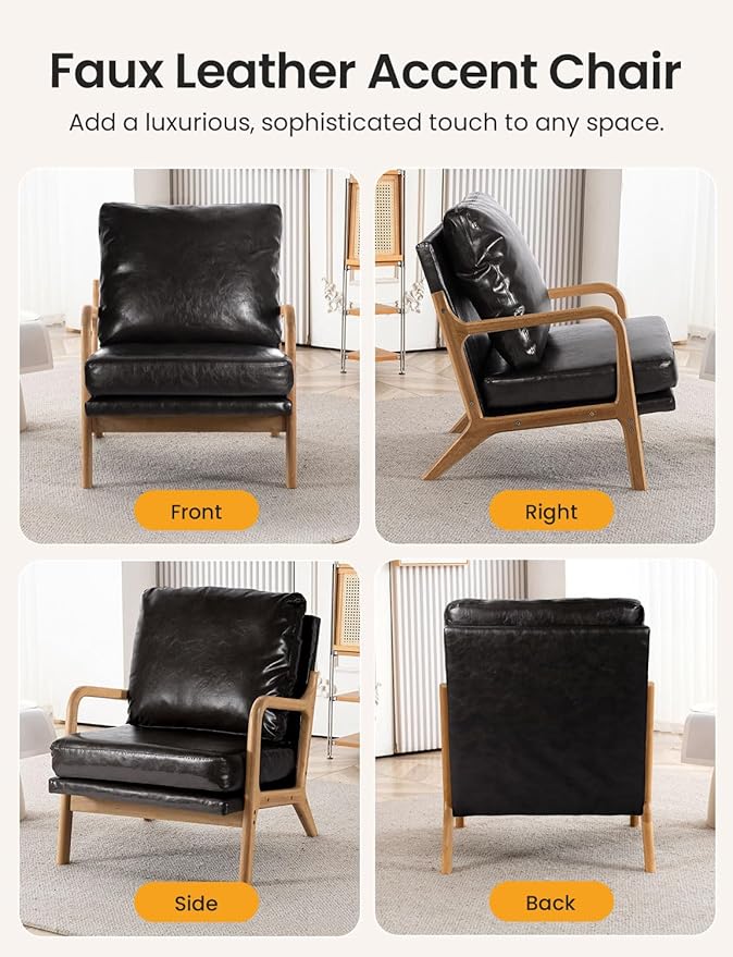 Mid Century Modern Accent Chairs for Living Room, 23” Wide Comfy Chair for Bedroom, Small Cozy Leather Reading Chairs for Adults, 108° Lounge Arm Chair Indoor with Detachable Cover, 5.5" Foam Cushion