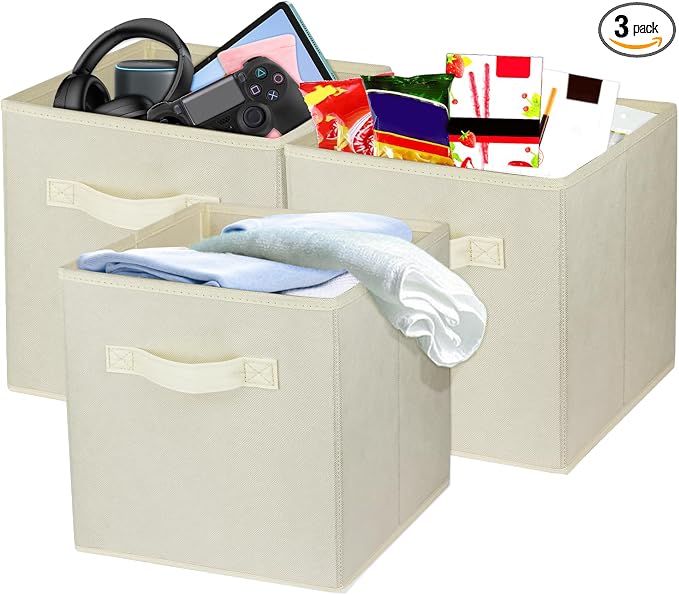 3 Pcs Storage Cubes, 10.5 Inch Collapsible Storage Bins, Fabric Foldable Bins for Organization, Durable Storage Bins for Closet, Shelves, Offices (Beige) by Zuihug