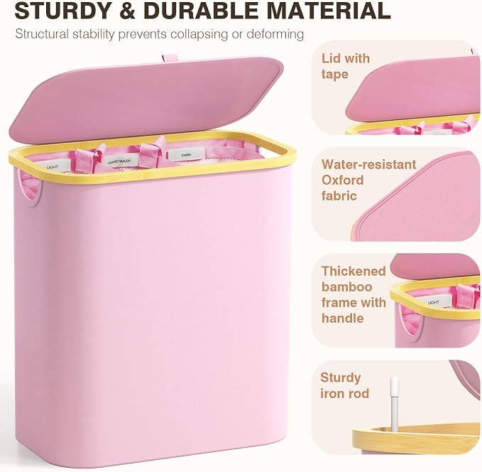 Hampers for Laundry Basket with Lid, 145L Extra Large 3 Section Clothes Divided Organizer for Bedroom, Laundry Room, Dirty Clothing Hamper, Pink - Image 4