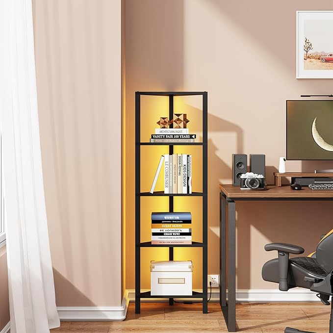 TUTOTAK Corner Shelf with LED Light, 5-Tier Corner Bookshelf for Small Space, Narrow Display Corner Shelf Stand with Storage Rack, for Living Room, Bedroom, Black BS05BK005L - Image 4