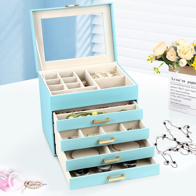 Kendal Jewelry Box, 5-Layer Jewelry Organizer Box with Glass Lid, Blue, Heart Shaped PU Leather, Storage Box for Necklace Earrings Rings Bracelets, Gift Idea for Girls LJC4DRBL - Image 5