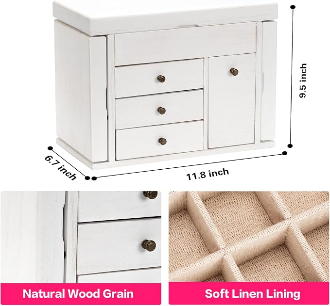 Poyilooo Jewelry Box Organizer, Solid Wood Jewelry Boxes for Women for Storage & Display Necklace Ring Earring Bracelet, Rustic Style Jewelry Organizer Box for Women Gifts (Weathered White) - Image 5