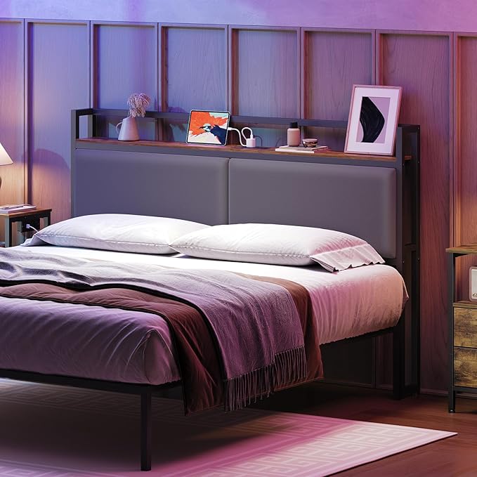 YATINEY Queen Size Headboard Only, Upholstered Queen Headboard with Charging Station, Head Board with Open Storage, Height Adjustable, Vintage Style, Sturdy and Stable, Rustic Brown, Gray and Black