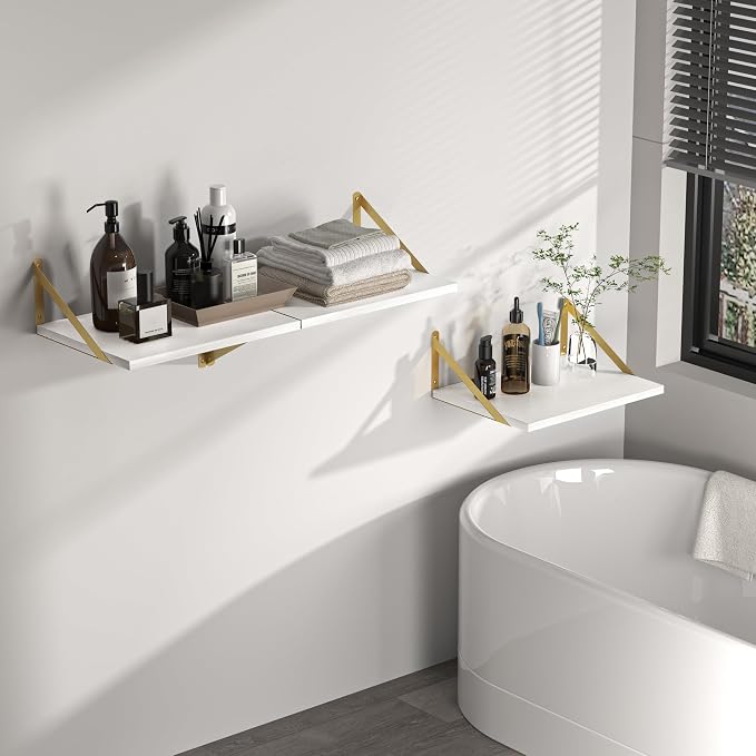 Heimlove Deep Floating Shelves for Wall, 16W x 12D Wood Wall Shelves Set of 2, Wide Floating Bookshelf for Living Room, Kitchen, Office, Bedroom and Decor Storage, with Golden Bracket - White & Gold - Image 7