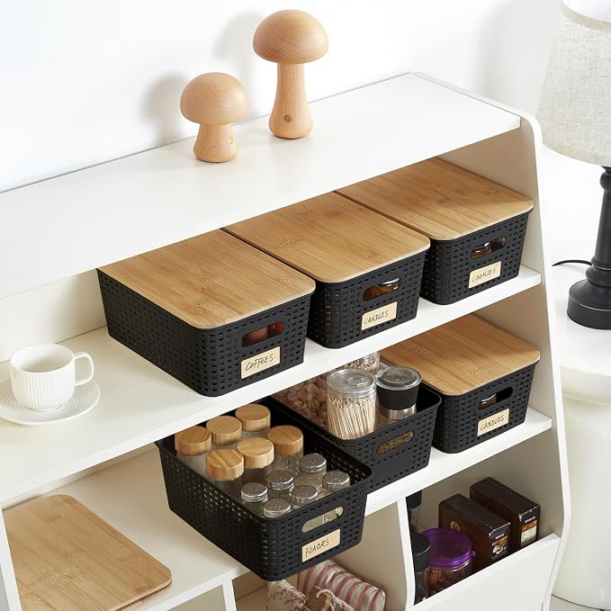 Bagnizer Small Plastic Storage Bins with Bamboo Lids 5.2qt Stackable Box Basket Pantry Decorative Containers Cute with Labels for Organizing Desktop Closet Office Black of 6 packs 10 * 7.2 * 4.1" - Image 5
